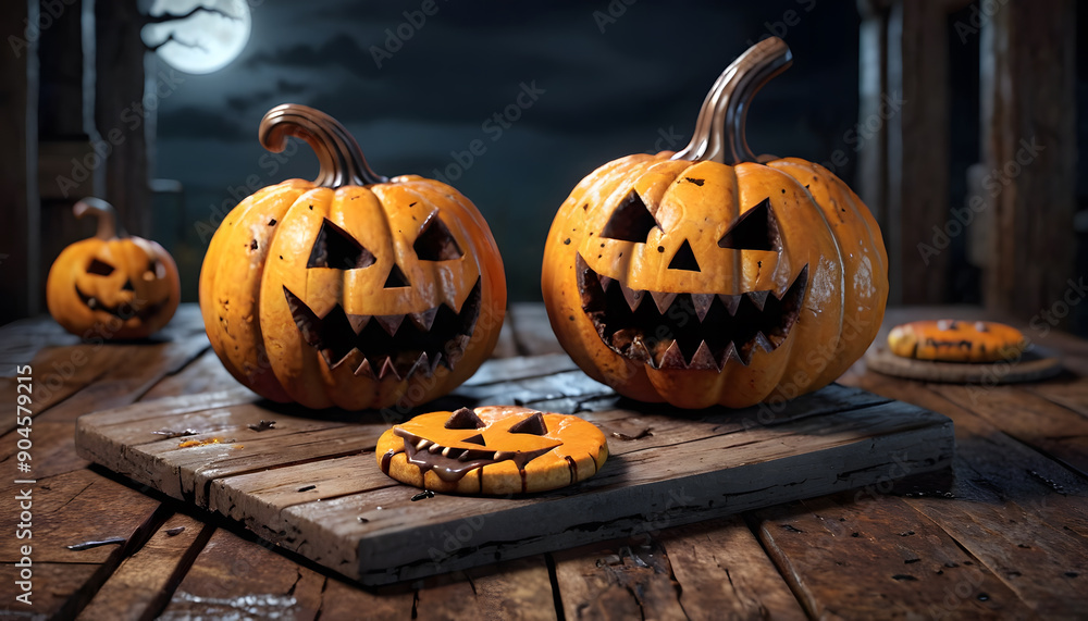 Obraz premium A spooky carved pumpkin with a jagged mouth and hollow eyes, sitting on a wooden table. The pumpkin is cracked and oozing with orange pulp, surrounded Halloween decorations. Halloween Concept.