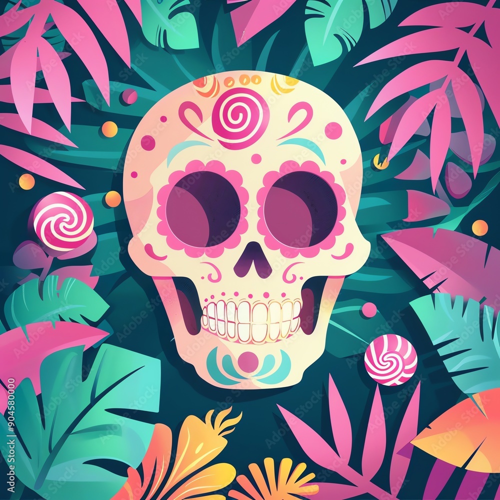 Cute skull with candy decorations, in a vibrant jungle setting, flat design illustration Cute skull with candy decorations, in a vibrant jungle setting, flat design illustration