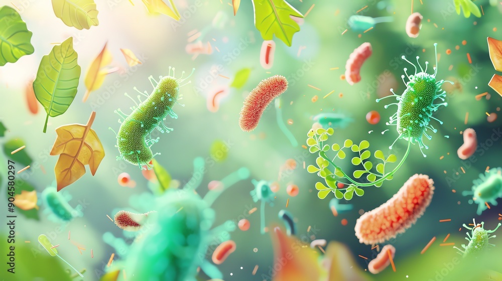 3D bacteria, blending with garden flora, falling leaves, flat design illustration 3D bacteria, blending with garden flora, falling leaves, flat design illustration