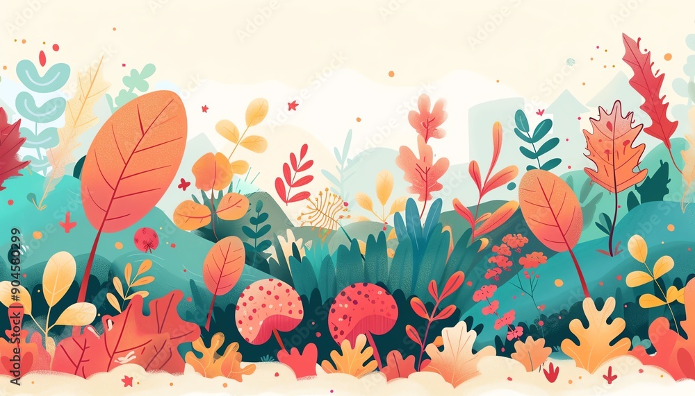 Naklejka premium Ecosystem harmony, bacteria and plants in a garden with autumn leaves, flat design illustration