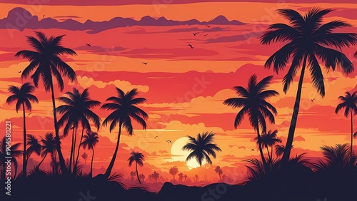 stunning tropical sunset with silhouettes of palm trees and a vibrant sky filled with warm hues