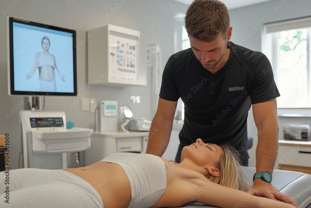 Man doctor chiropractor or osteopath fixing lying womans back in manual therapy clinic , ai Man doctor chiropractor or osteopath fixing lying womans back in manual therapy clinic , ai
