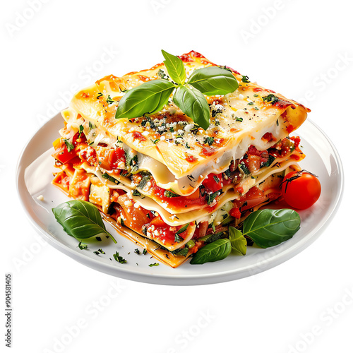 Delicious homemade vegetable lasagna garnished with fresh basil and cherry tomatoes, served on a white plate., transparent background photo