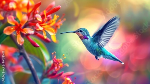 Hummingbird in Flight with Vibrant Flowers