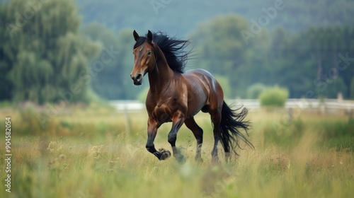 Bay Horse Running Through a Field