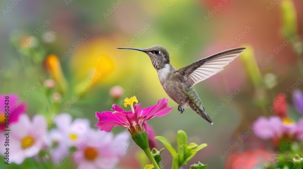 Hummingbird Hovering Over a Pink Flower Hummingbird Hovering Over a Pink Flower
