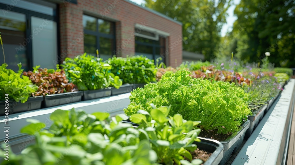 An urban rooftop garden utilizing hydroponic techniques to grow vegetables and herbs in a sustainable manner An urban rooftop garden utilizing hydroponic techniques to grow vegetables and herbs in a sustainable manner