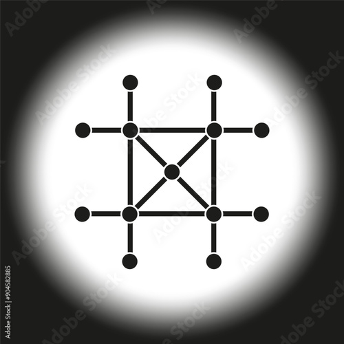 Network connection icon. Abstract vector structure. Black and white. Central glow effect.