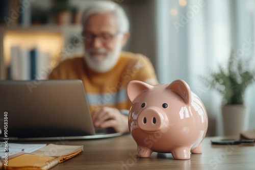 Piggy bank standing on desk with blurred retired man using laptop and doing accounting in background , ai