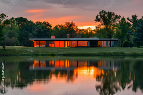 Solitude by the Lake: Mid-Century Modern House at Sunset Reflecting Peace and Architectural Elegance in Nature