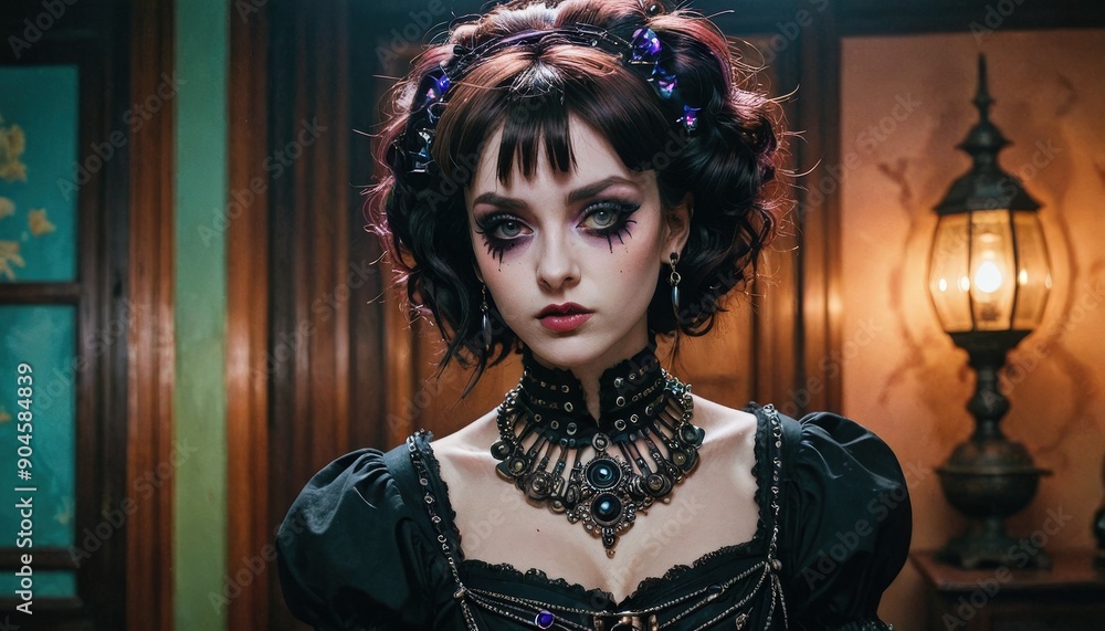 Fototapeta premium Mysterious Woman in Vintage Dress with Dark Makeup.