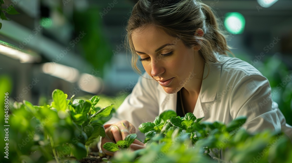 A researcher in a lab coat analyzing the growth of hydroponically cultivated plants in a state-of-the-art facility A researcher in a lab coat analyzing the growth of hydroponically cultivated plants in a state-of-the-art facility