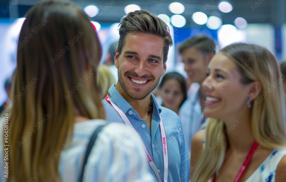 A charismatic exhibitor man, accompanied by two women, investigates the latest technological innovations showcased at trade shows. A charismatic exhibitor man, accompanied by two women, investigates the latest technological innovations showcased at trade shows.