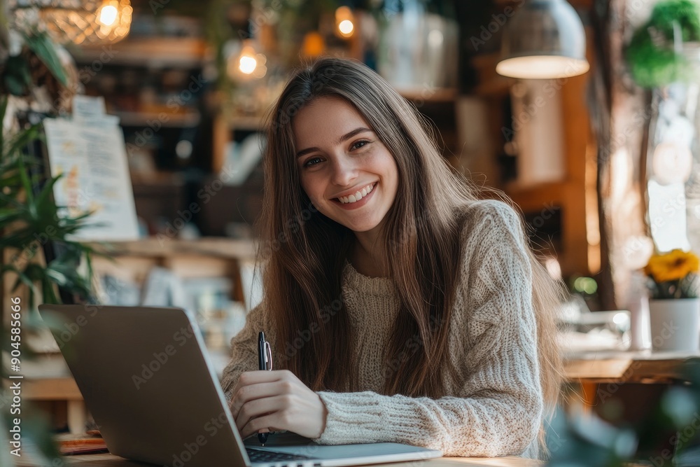Smiling woman making notes during online lesson or meeting on laptop , ai Smiling woman making notes during online lesson or meeting on laptop , ai