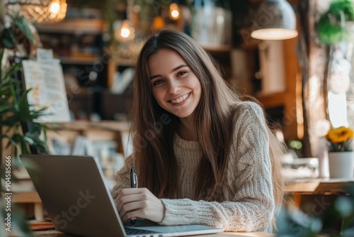 Smiling woman making notes during online lesson or meeting on laptop , ai