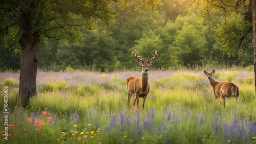 Peaceful Meadow with Grazing Deer photo