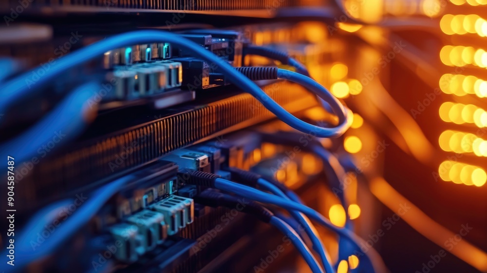 Network LAN internet cables connected in network switches. Server in data center Network LAN internet cables connected in network switches. Server in data center