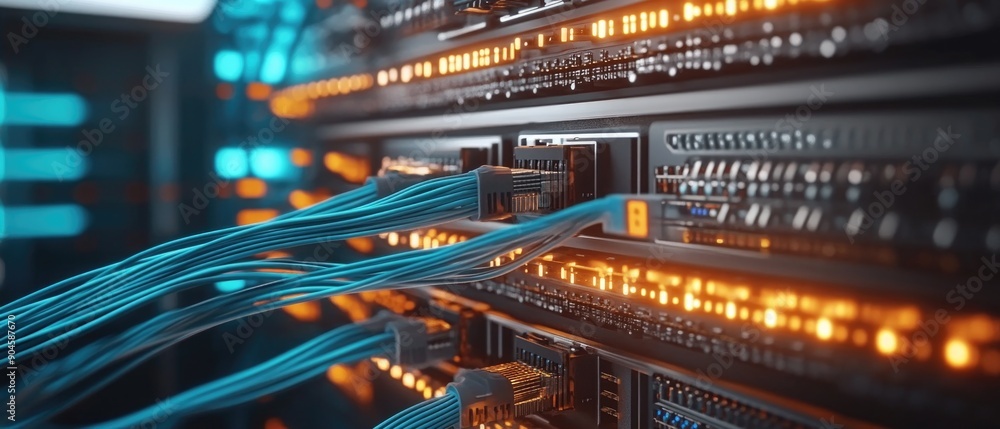 Network LAN internet cables connected in network switches. Server in data center Network LAN internet cables connected in network switches. Server in data center