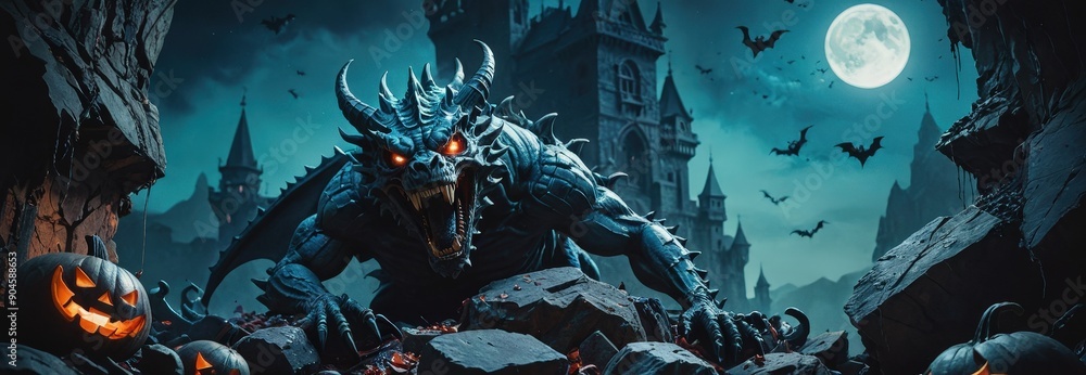 Obraz premium Halloween Dragon In A Haunted Castle.