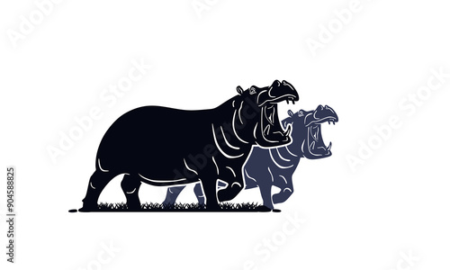 big strong  wild hipo standing logo, silhouette of big heavy animal vector illustrations