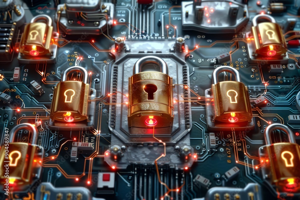 Fototapeta premium Vibrant Network of Digital Padlocks in Cyberspace, Symbolizing Comprehensive Cybersecurity Measures.