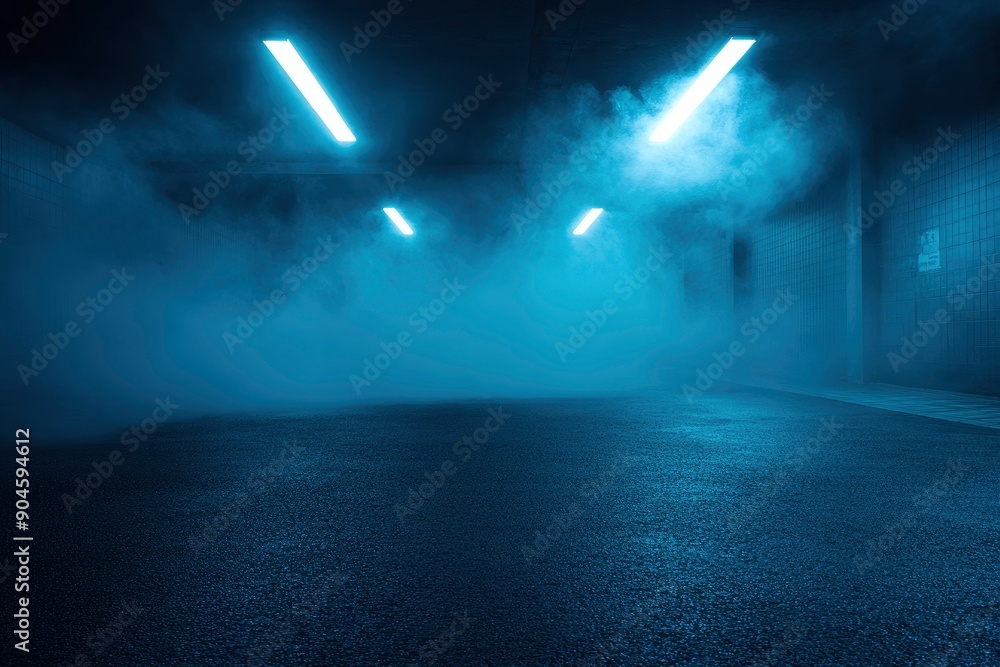Obraz premium A dark empty street, dark blue background, an empty dark scene, neon light, spotlights The asphalt floor and studio room with smoke float up the interior , ai