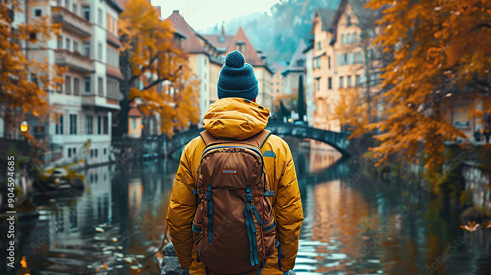 A traveler with backpack standing in front of an old town A traveler with backpack standing in front of an old town