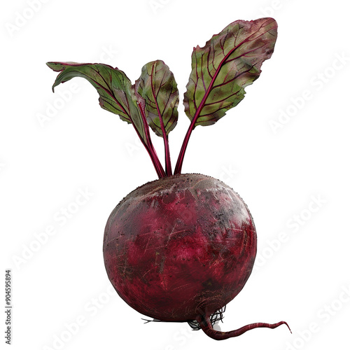 A Single Red Beet with Green Leaves photo