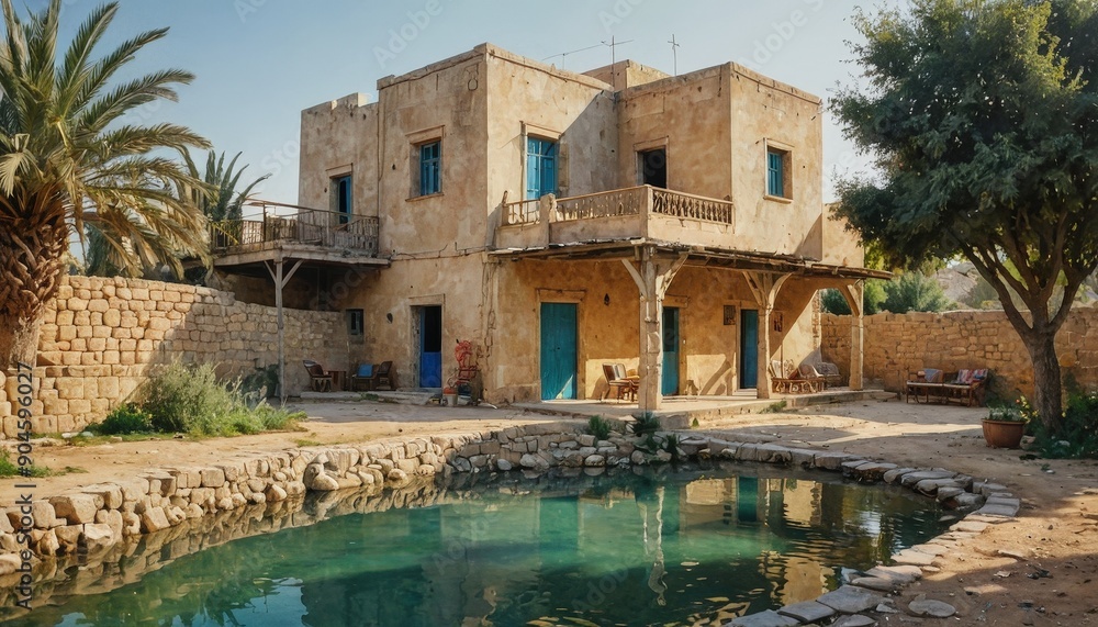 Fototapeta premium Traditional Middle Eastern House with Pool and Palm Trees.