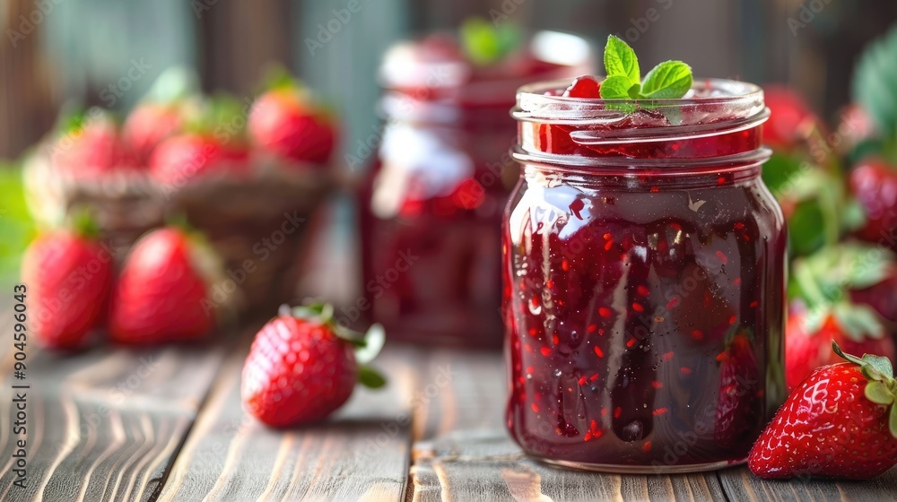 A jar of strawberry jam is sitting on a wooden table with a basket of strawberries nearby. The jar is filled with a deep red color and has a few green leaves on top A jar of strawberry jam is sitting on a wooden table with a basket of strawberries nearby. The jar is filled with a deep red color and has a few green leaves on top