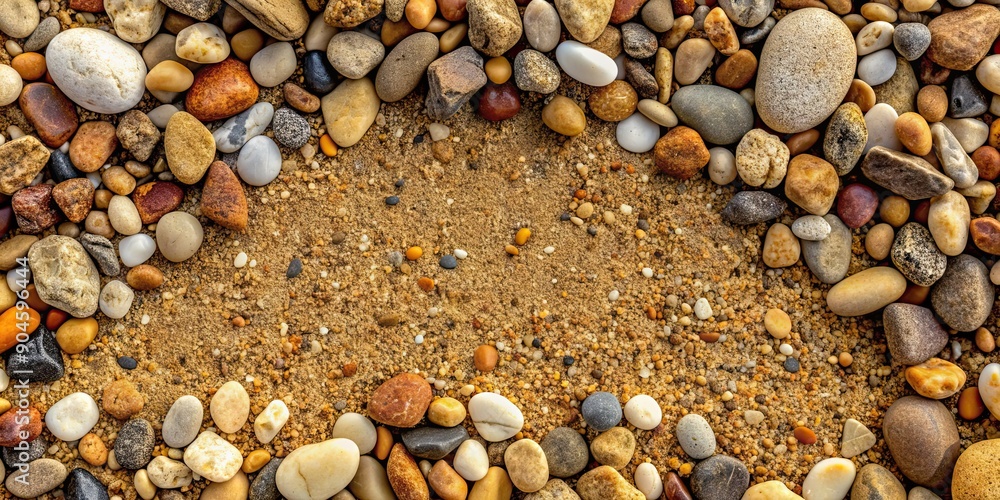 Naklejka premium Top view of various pebbles and rocks scattered on gravel and soil background, stones, pattern, abundance, pebbles, rocks, gravel