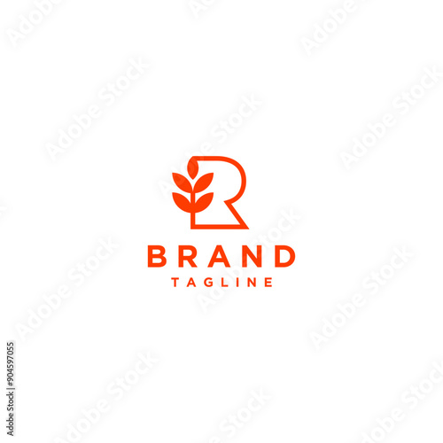 Initial Letter R with Rice Grains Logo Design. Simple Line Rice Grains And Letter R Logo Design.