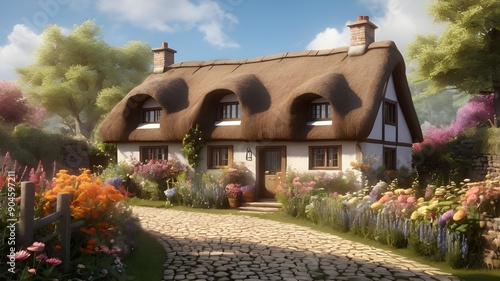 quaint, sunlit cottage with a thatched roof surrounded by blooming flowers and a cobblestone pathway.