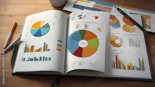 investment portfolio book with pages showing colorful pie charts and bar graphs.