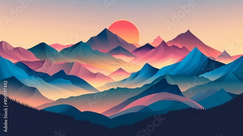  Geometric mountain landscape. Very nice minimalist style landscape illustrations of Mid century modern art with mountains