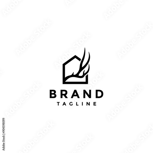 Strong Deer Antler House Logo Design. Deer Antlers Grow From Inside House Logo Design.