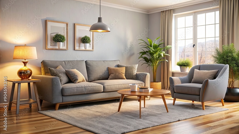 Cozy grey sofa and armchair in a warmly lit living room, cozy, grey, sofa, armchair, glowing lamps, interior, living room Cozy grey sofa and armchair in a warmly lit living room, cozy, grey, sofa, armchair, glowing lamps, interior, living room