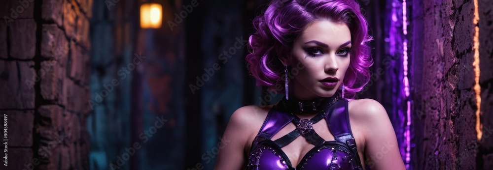Woman with Purple Hair in a Dark Room. Woman with Purple Hair in a Dark Room.