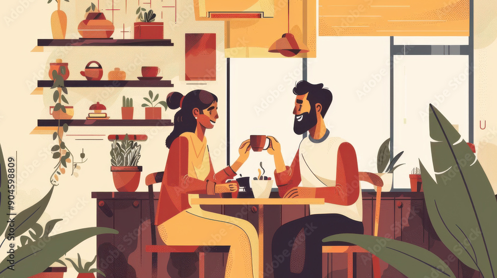 Happy Indian couple sharing a morning coffee at their cozy home Happy Indian couple sharing a morning coffee at their cozy home