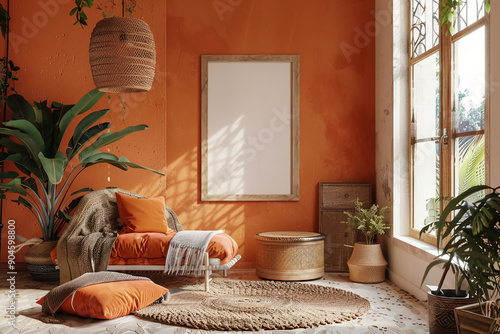 Mockup of a frame and poster set in a Boho interior with eclectic decor and natural textures. Home style concept