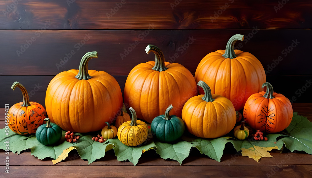 A variety of pumpkins in different shapes and colors, including orange, green, and gray, arranged on a wooden surface with autumn leaves scattered around. Halloween Concept. A variety of pumpkins in different shapes and colors, including orange, green, and gray, arranged on a wooden surface with autumn leaves scattered around. Halloween Concept.