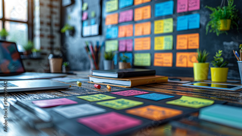 Team innovation, collective ideation, brainstorming session, group creativity, creative thinking, bright office, focused, detailed