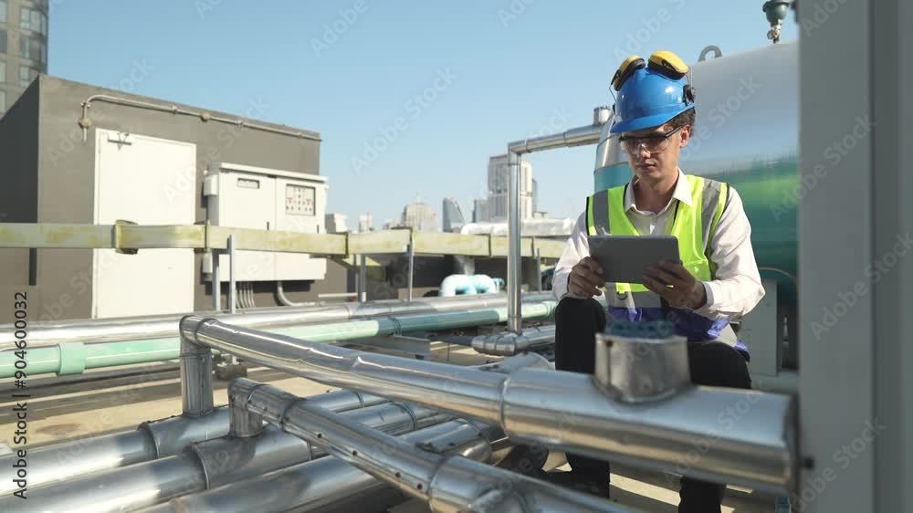 A male engineer works with communications on the roof of a tall building with surrounding engineering systems. A male engineer works with communications on the roof of a tall building with surrounding engineering systems.