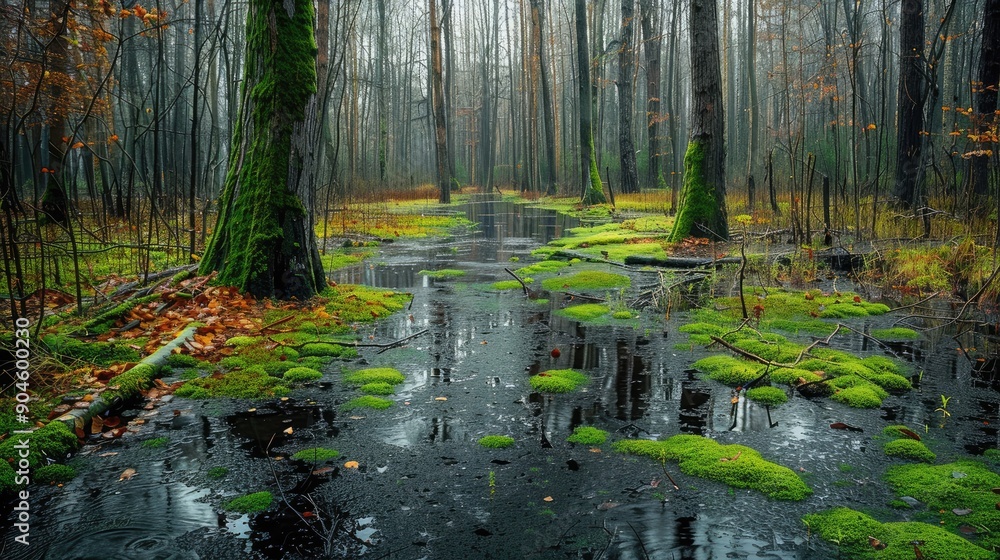 Obraz premium A forest with a stream of water running through it. The water is murky and green, and the trees are tall and leafy. Scene is peaceful and serene, with the water and trees creating a calming atmosphere
