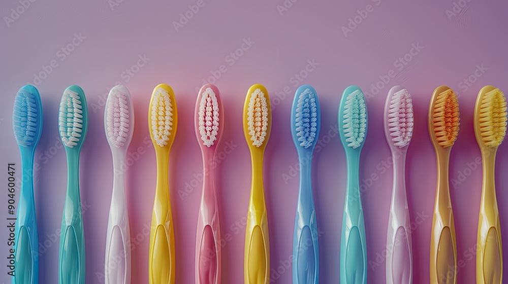 A row of colorful plastic toothbrushes are lined up on a pink background. The toothbrushes are of different colors and sizes, creating a vibrant and playful scene. Concept of fun and lightheartedness A row of colorful plastic toothbrushes are lined up on a pink background. The toothbrushes are of different colors and sizes, creating a vibrant and playful scene. Concept of fun and lightheartedness