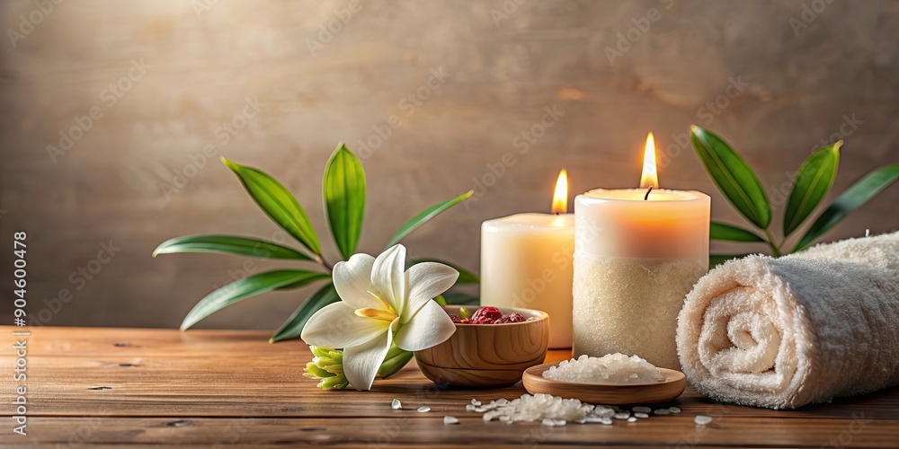 Spa salon with spa supplies, burning candle, and flower on table, Spa, salon, relaxation, pampering, beauty Spa salon with spa supplies, burning candle, and flower on table, Spa, salon, relaxation, pampering, beauty