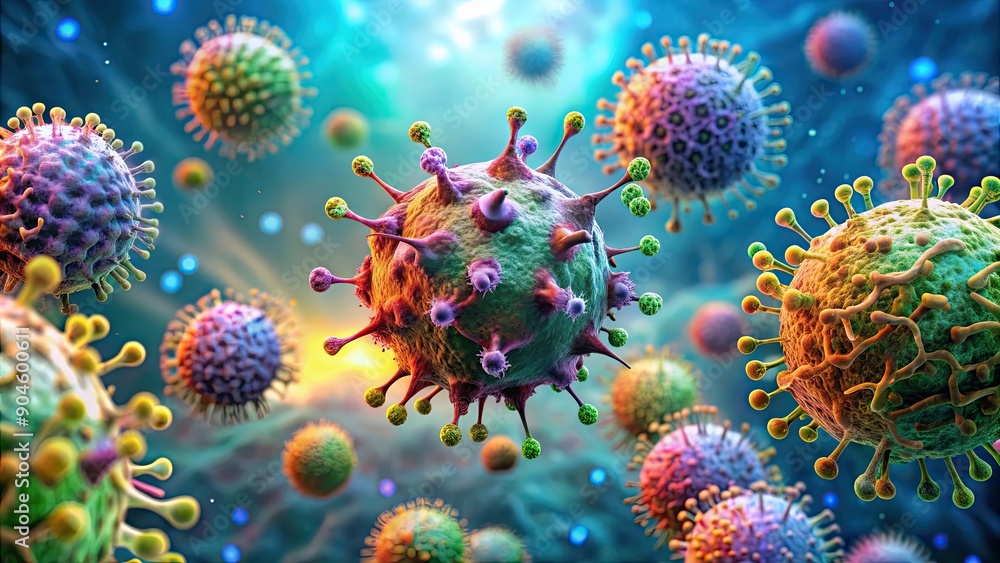 CG render of t-cells and cancer cells fighting in a microscopic view ...