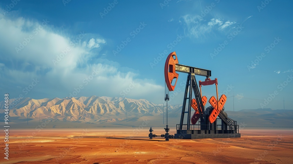 Oil rigs oil pump energy industrial machine for petroleum in the middle of the desert on the blue sky background. copy space for text. Oil rigs oil pump energy industrial machine for petroleum in the middle of the desert on the blue sky background. copy space for text.
