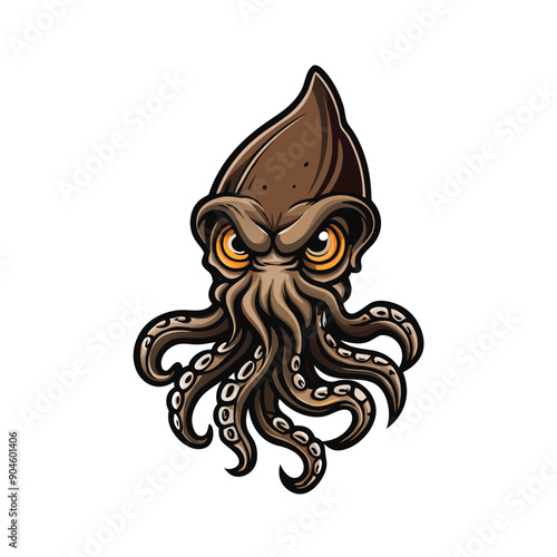 A cartoon illustration of a giant squid sea monster with angry eyes and brown tentacles.