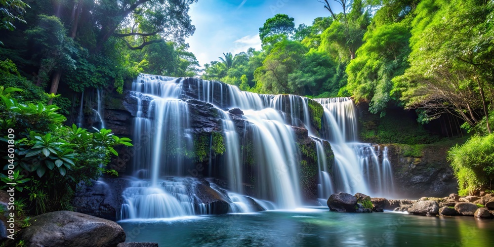 Fototapeta premium Serene waterfall cascading through lush forest environment, waterfall, forest, nature, peaceful, serene, waterfall, stream